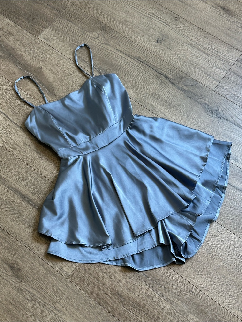Lovely Day Satin Light Blue Spaghetti-Strap Romper With Tie Up Back